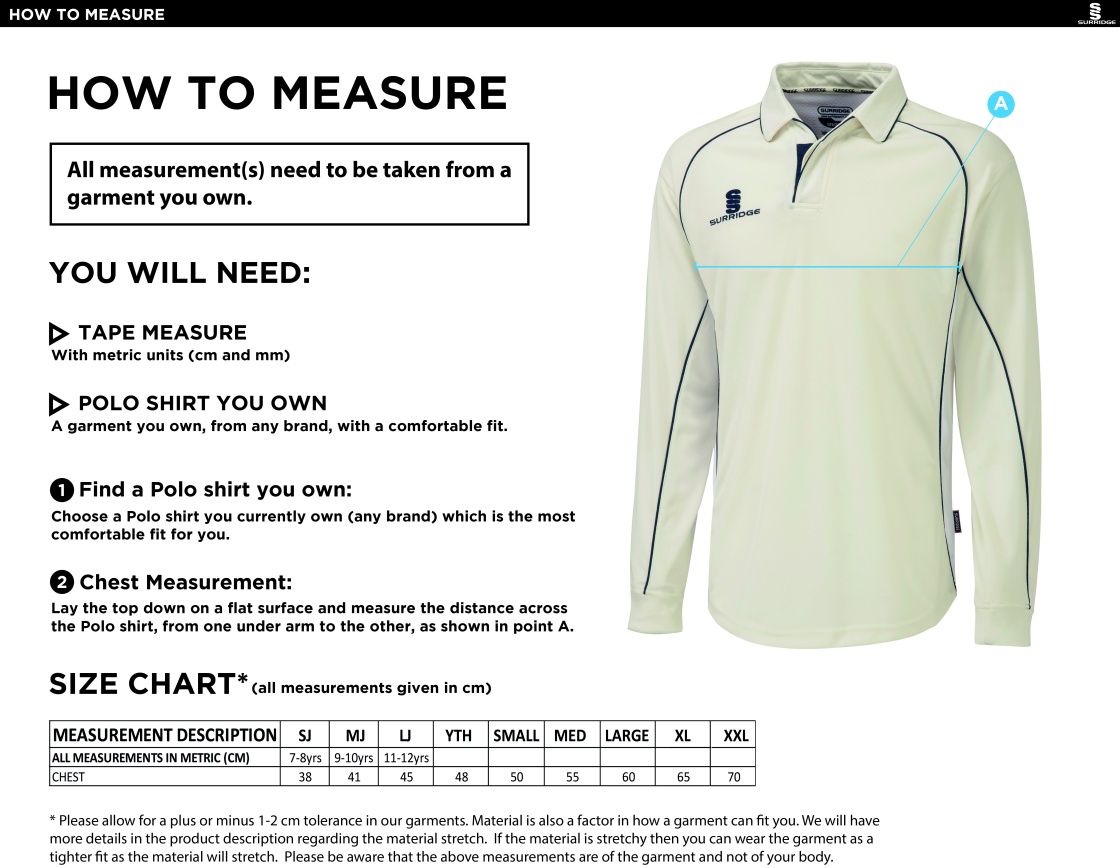 Enfield CC - Premier Long Sleeved Playing Shirt - Size Guide