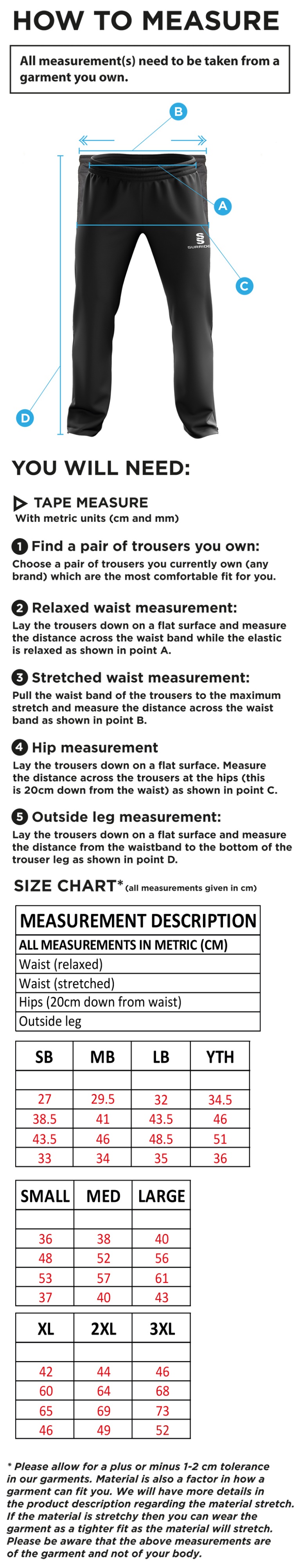Enfield CC - Tracksuit Pant - Size Guide