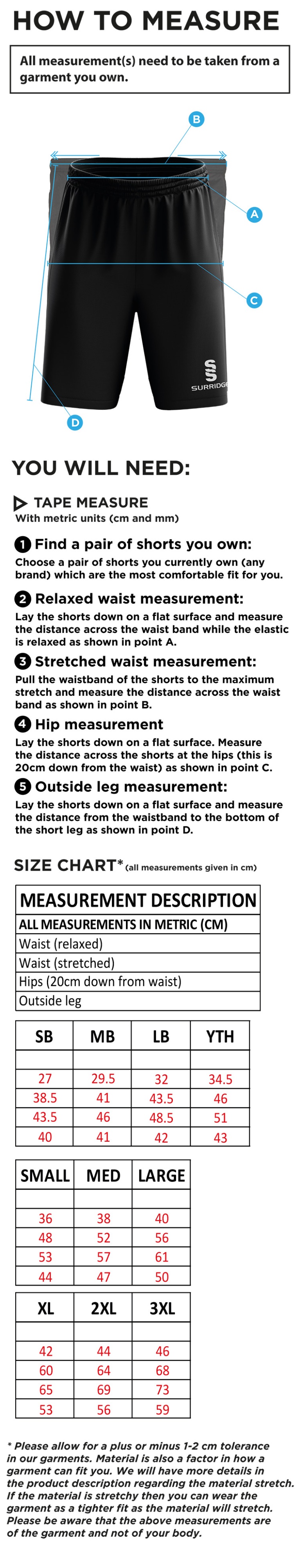 Enfield CC - Blade Training Short - Size Guide
