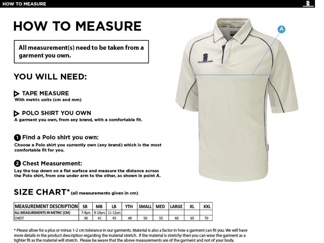 Enfield CC - Premier 3/4 Sleeved Playing Shirt - Size Guide