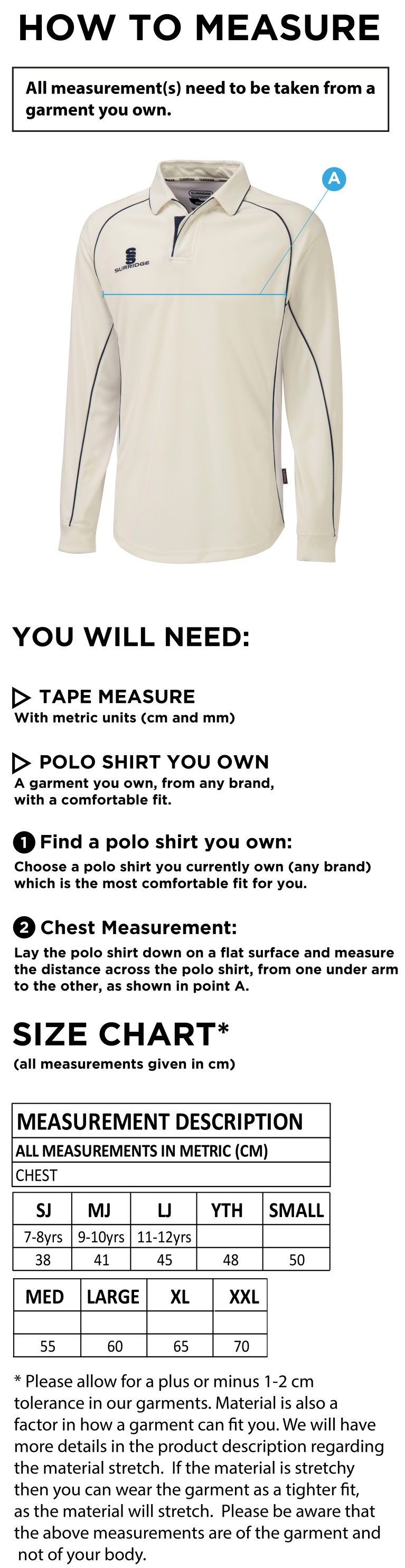 Enfield CC - Premier Long Sleeved Playing Shirt - Size Guide