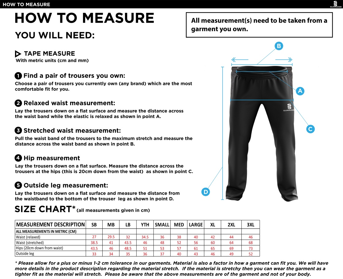 Enfield CC - Tracksuit Pant - Size Guide