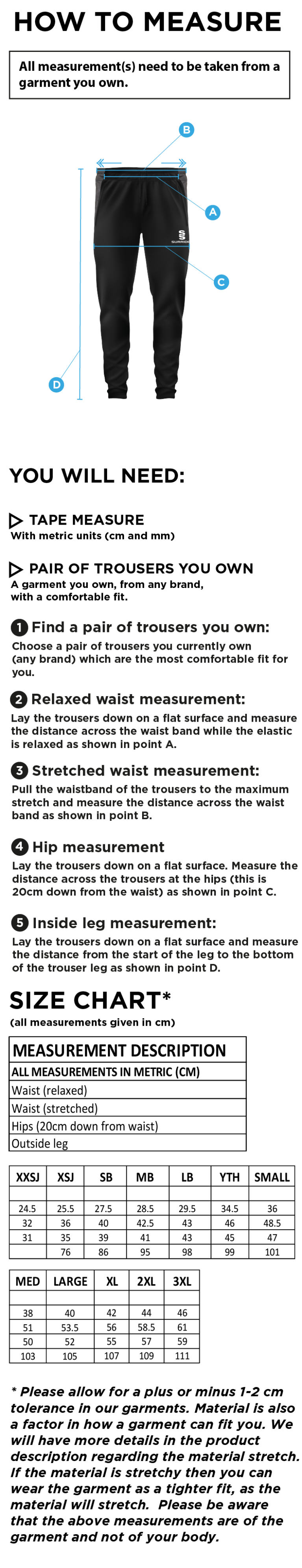 Enfield CC - Slim Training Pant - Size Guide