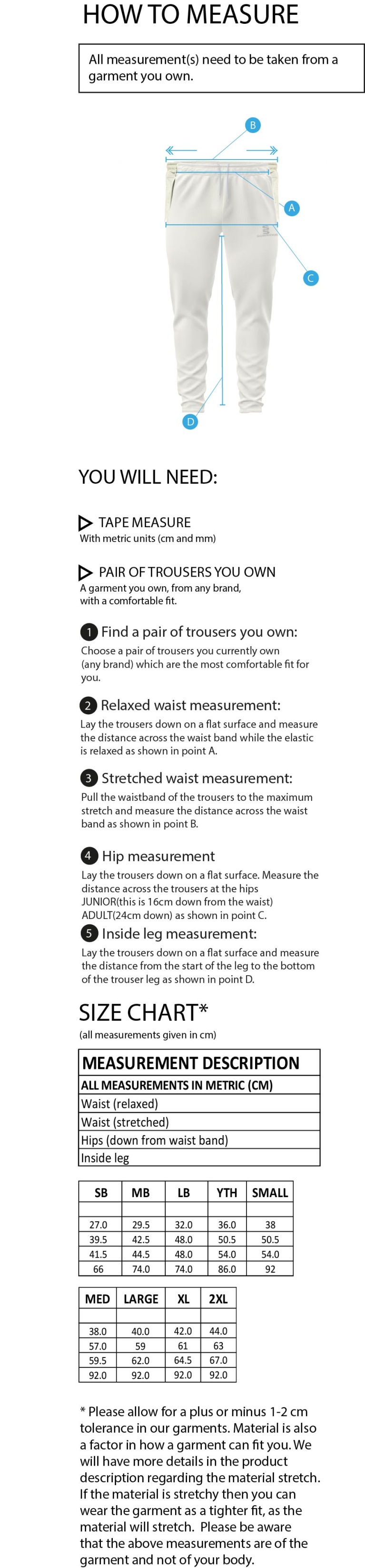Enfield CC - Playing Cricket Trousers - Size Guide