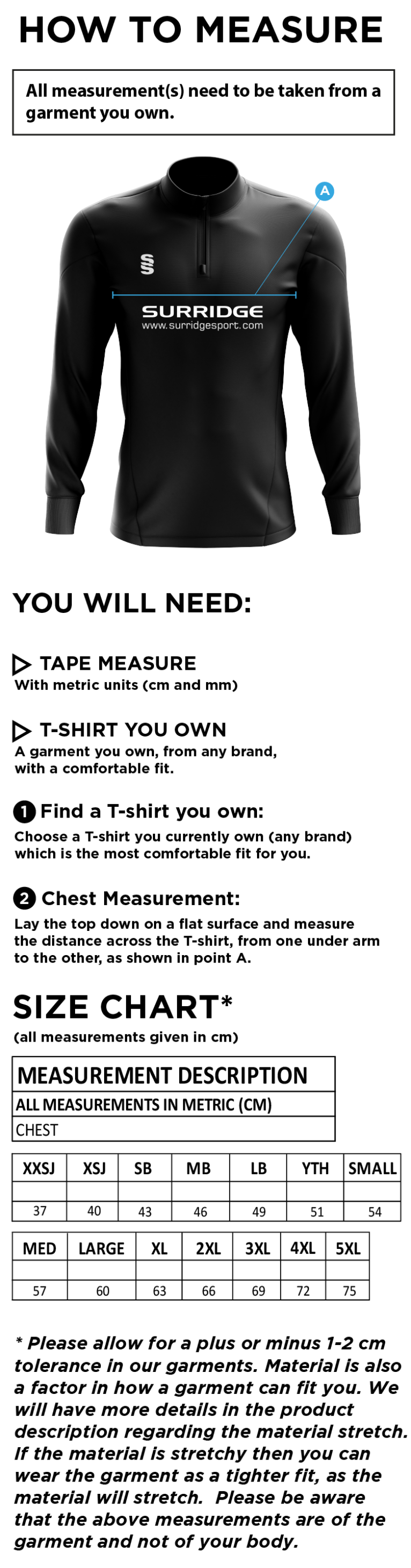 Enfield CC - Blade Performance Top - Size Guide